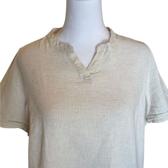 LL Bean Linen Cotton Blend Short Sleeve Top Womens Small White Beige Striped - Picture 5 of 9